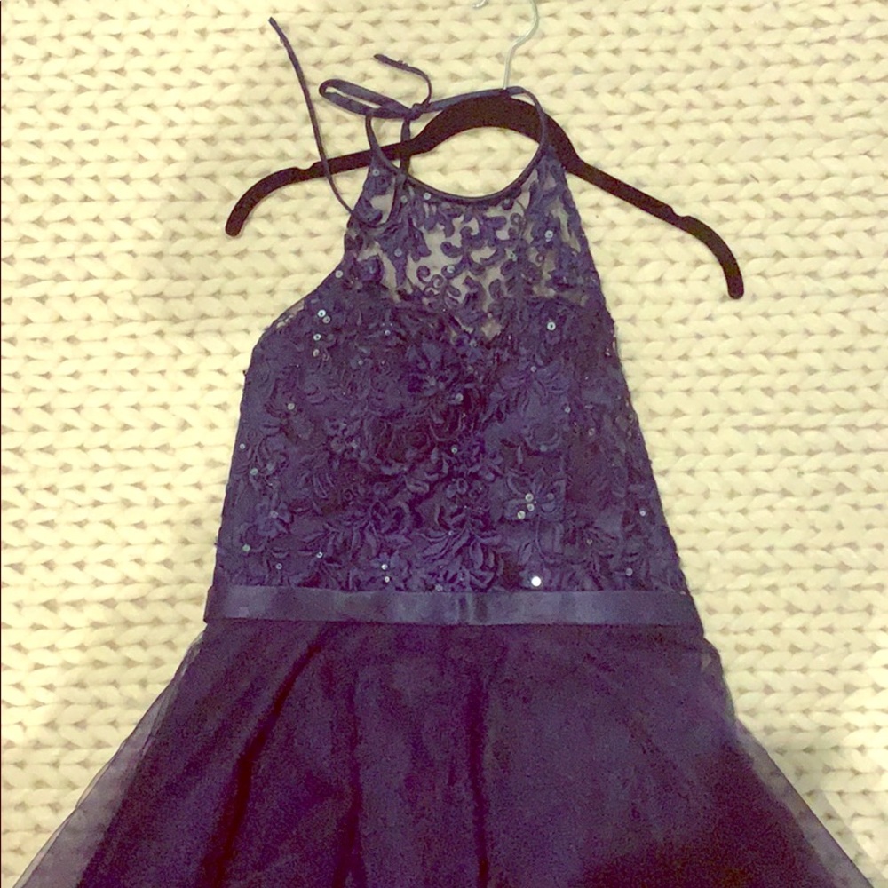 navy halter prom formal dress